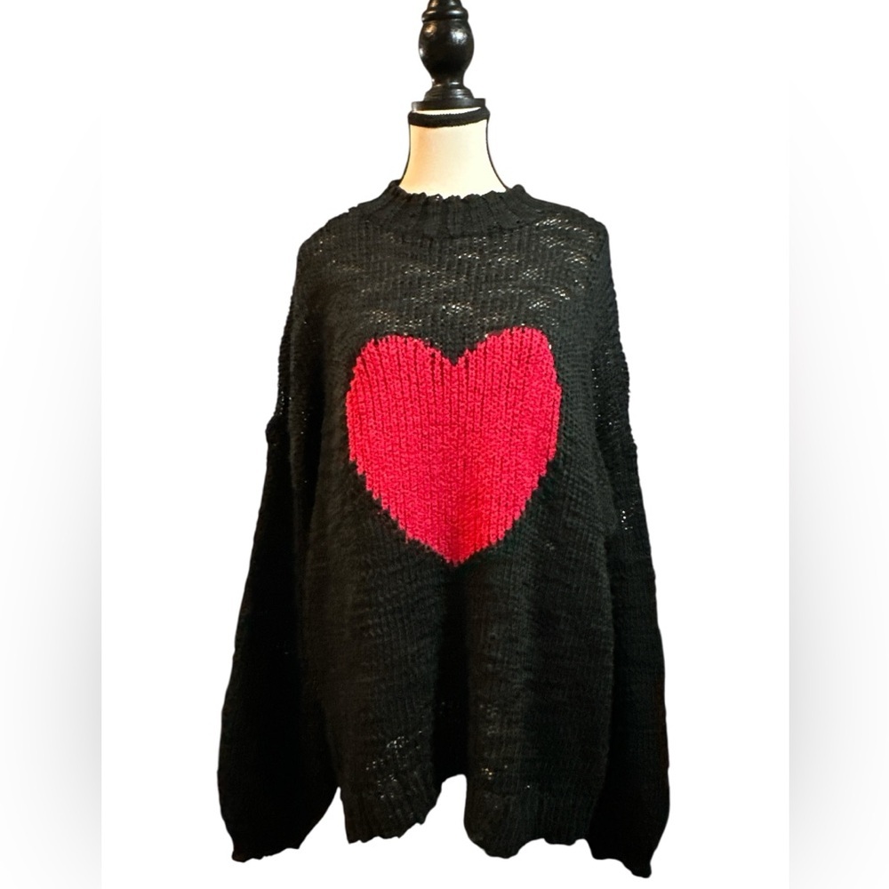 Make + Model Oversized Black Knit Sweater with Red Heart